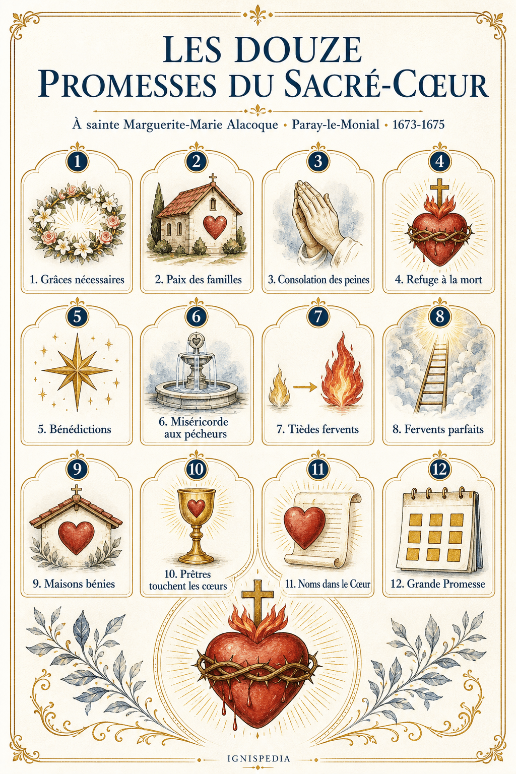 Infographie des douze promesses du Sacré-Cœur à sainte Marguerite-Marie