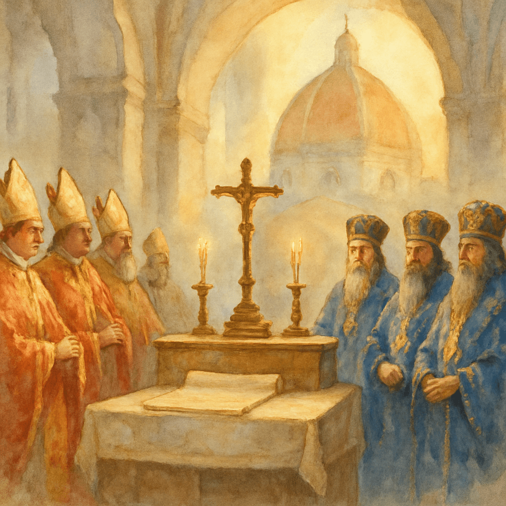 Composition représentant le concile de Florence (1439) : des prélats latins et grecs en habit liturgique se faisant face autour d'un autel, surmontés par la coupole de Santa Maria del Fiore en arrière-plan.