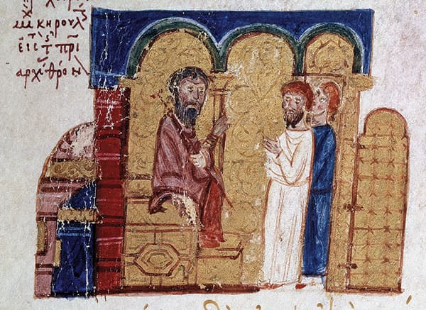 Old engraving depicting the confrontation between Cardinal Humbert of Silva Candida and Patriarch Michael I Cerularius at Hagia Sophia in Constantinople in 1054.