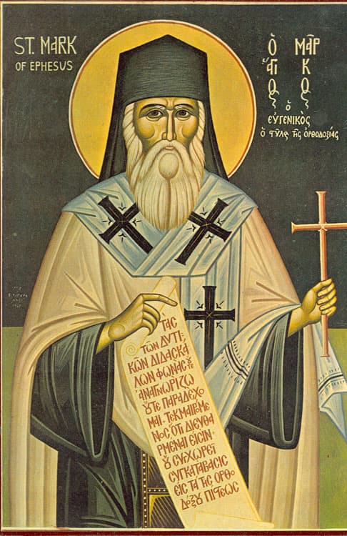 Orthodox icon of Saint Mark Eugenikos, metropolitan of Ephesus (1392-1444), painted in Byzantine liturgical vestments, stern-faced, holding a scroll.