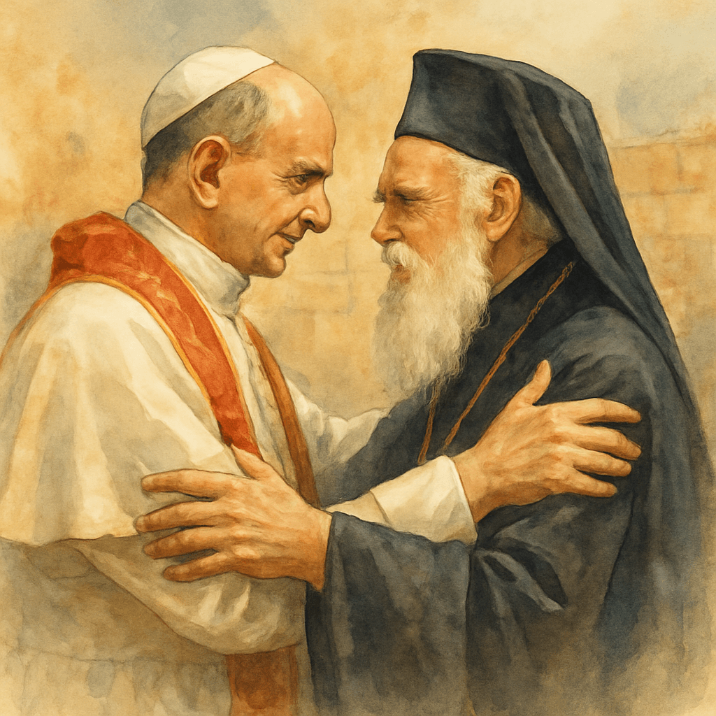 Le pape Paul VI et le patriarche œcuménique Athénagoras Iᵉʳ se donnant l'accolade fraternelle à Jérusalem en 1964 — visages de la réconciliation.