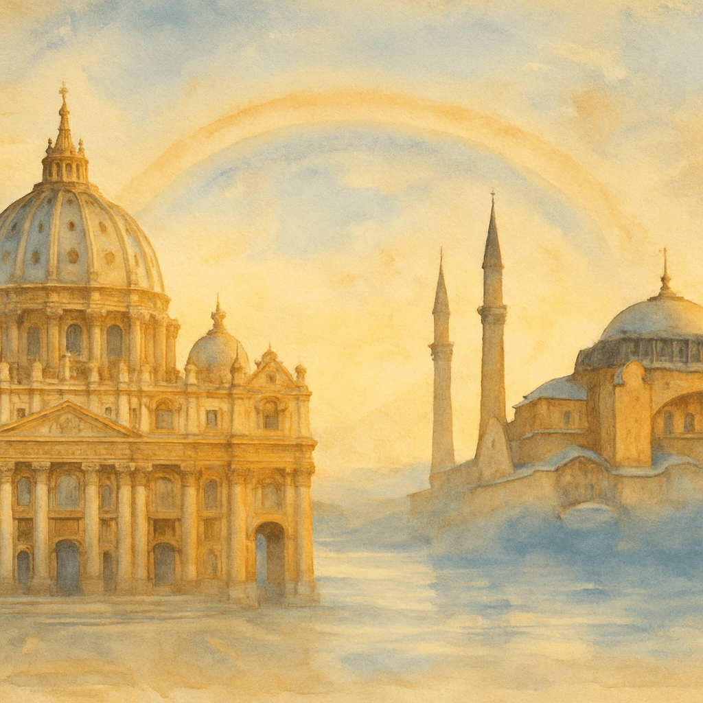 Coupole de Saint-Pierre de Rome et coupole de Sainte-Sophie de Constantinople reliées par un arc-en-ciel doré au-dessus de la Méditerranée — symbole de la séparation Rome-Constantinople depuis 1054.