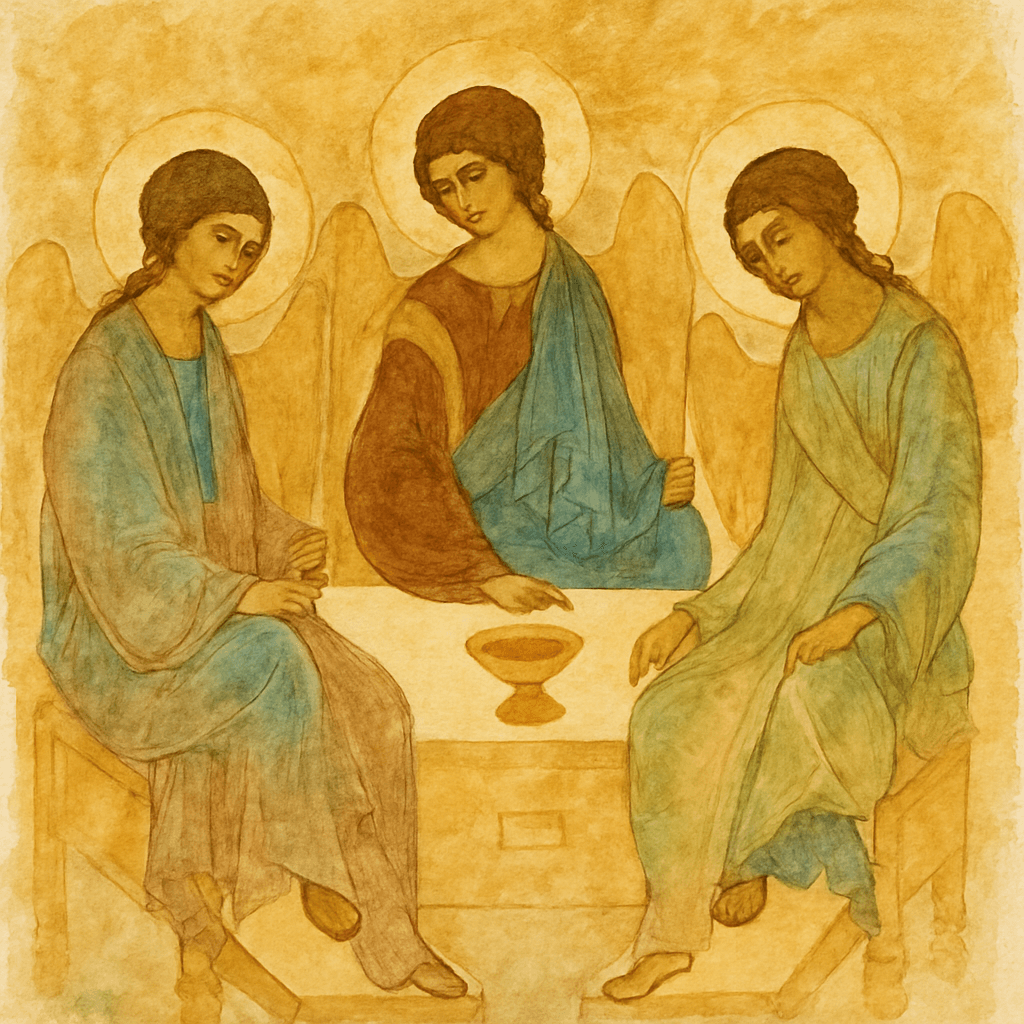 Icône byzantine de la Trinité dans le style de Roublev : trois anges autour d'une table, dans une composition triangulaire, baignés de lumière dorée.
