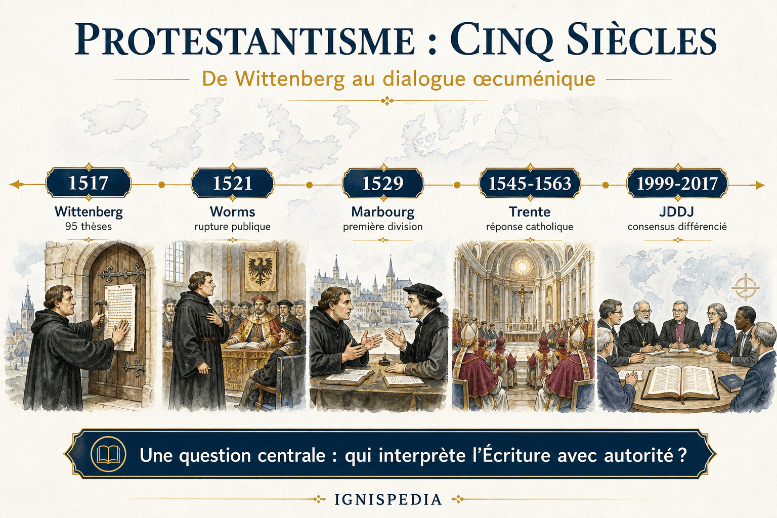 Frise chronologique Ignispedia du protestantisme de 1517 au dialogue œcuménique contemporain