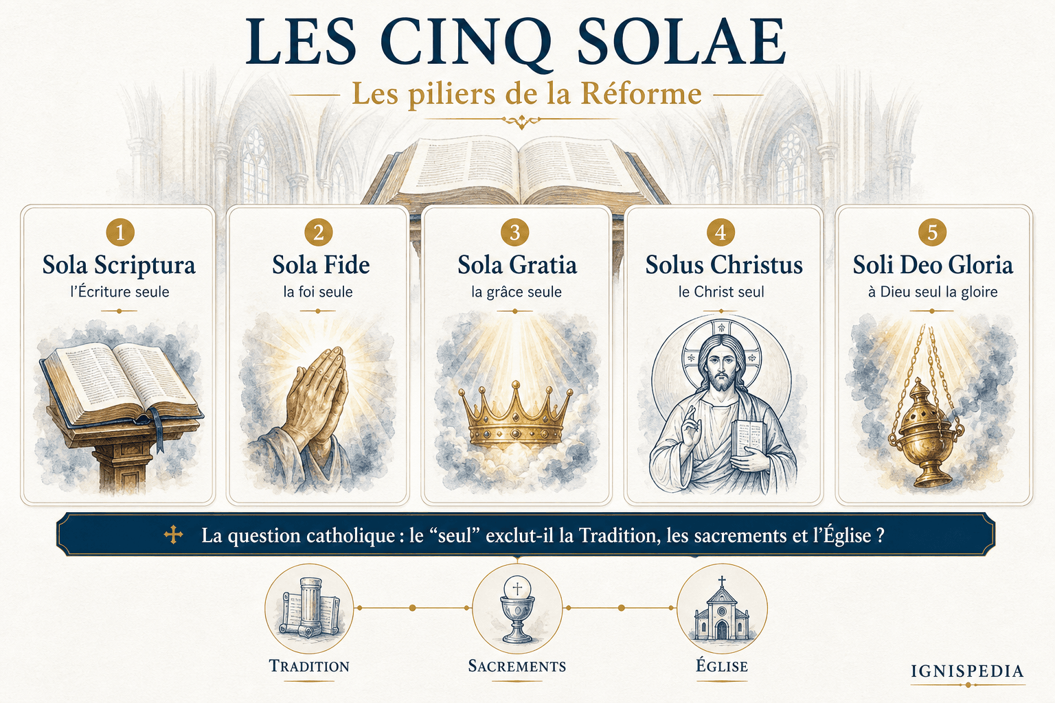 Les cinq solae réformés représentés en cinq piliers d'une basilique