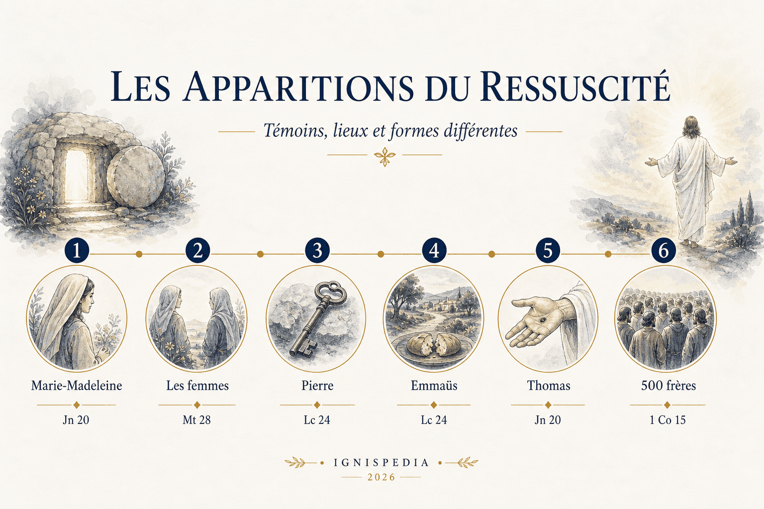 Infographie Ignispedia des apparitions du Ressuscité : Marie-Madeleine, les femmes, Pierre, Emmaüs, Thomas et les cinq cents frères.