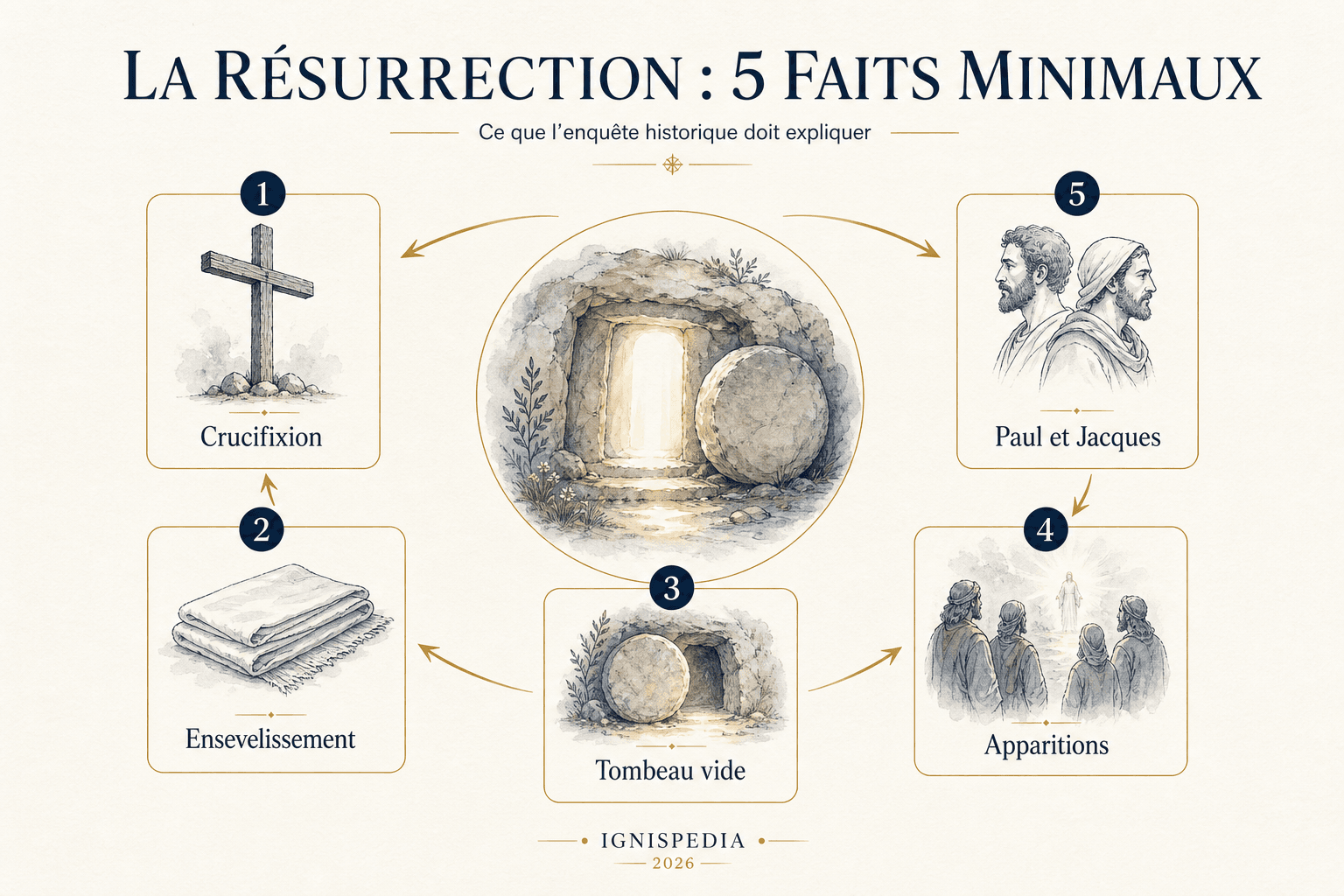Infographie Ignispedia présentant les cinq faits minimaux du dossier historique de la résurrection : crucifixion, ensevelissement, tombeau vide, apparitions, Paul et Jacques.