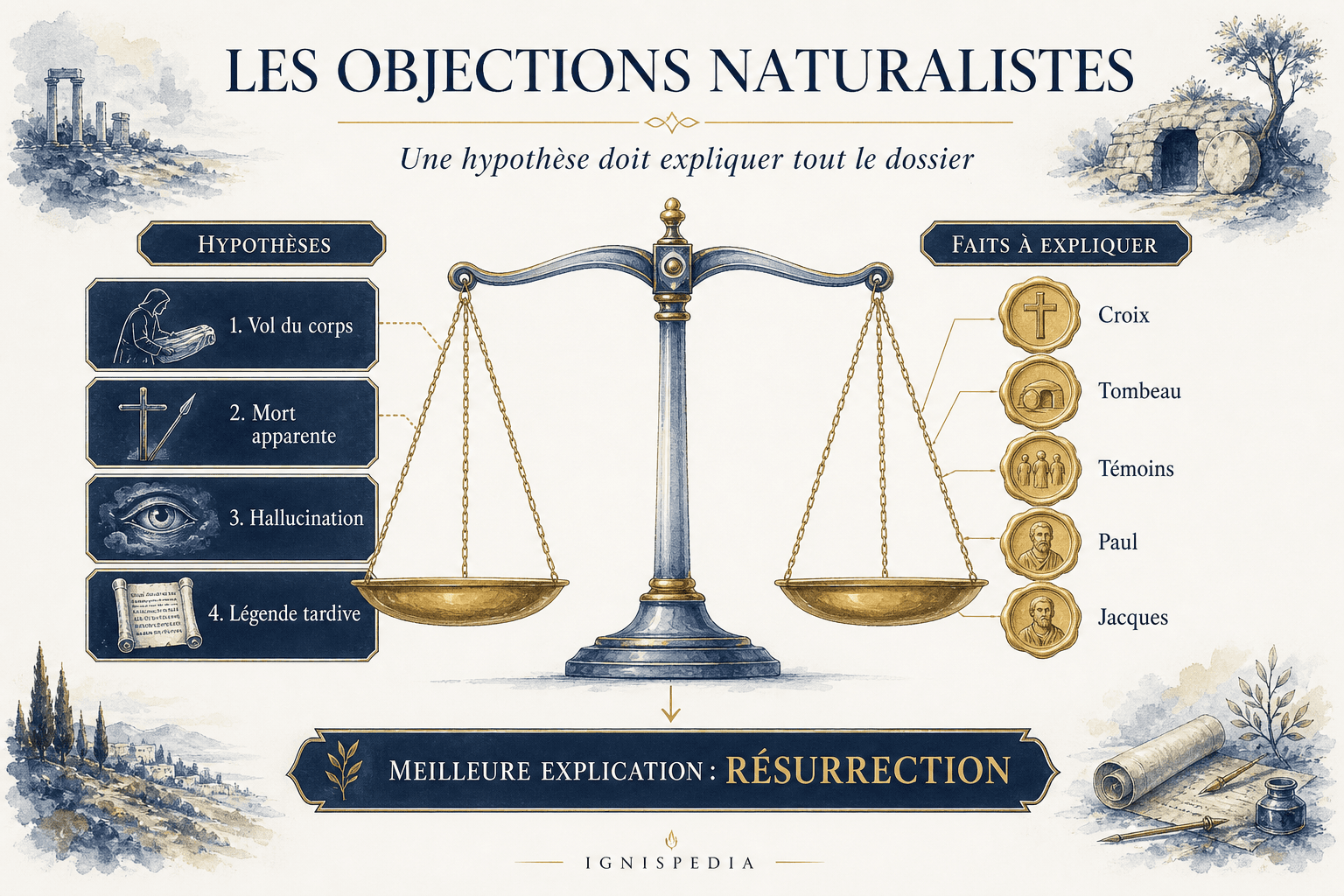 Infographie Ignispedia comparant quatre objections naturalistes contre cinq faits à expliquer dans le dossier de la résurrection.