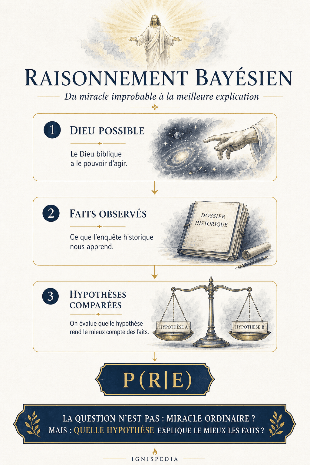 Infographie Ignispedia expliquant le raisonnement bayésien appliqué à la résurrection : Dieu possible, faits observés, hypothèses comparées.