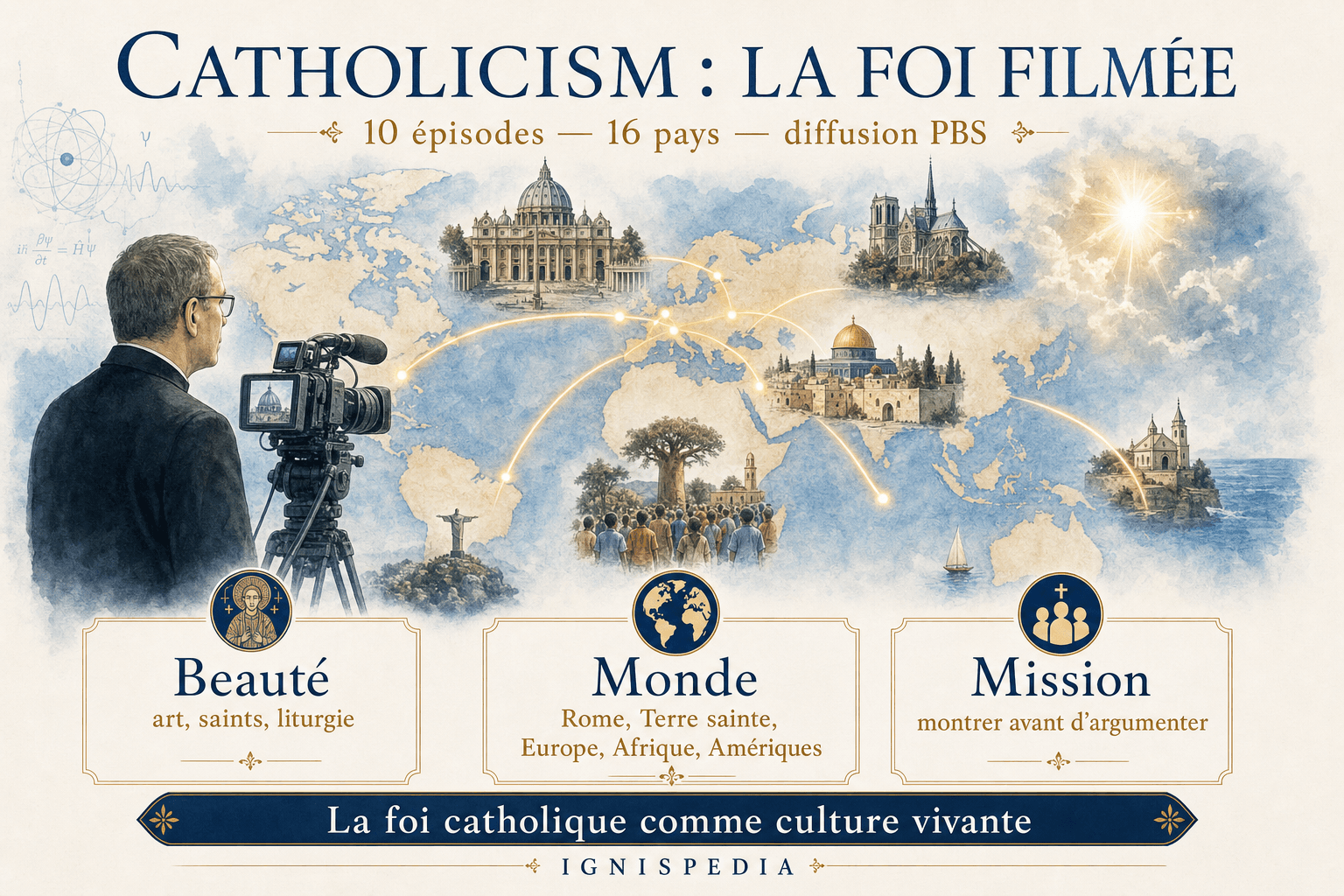 Infographie sur la série Catholicism de Robert Barron : dix épisodes, seize pays, diffusion PBS, beauté, monde et mission