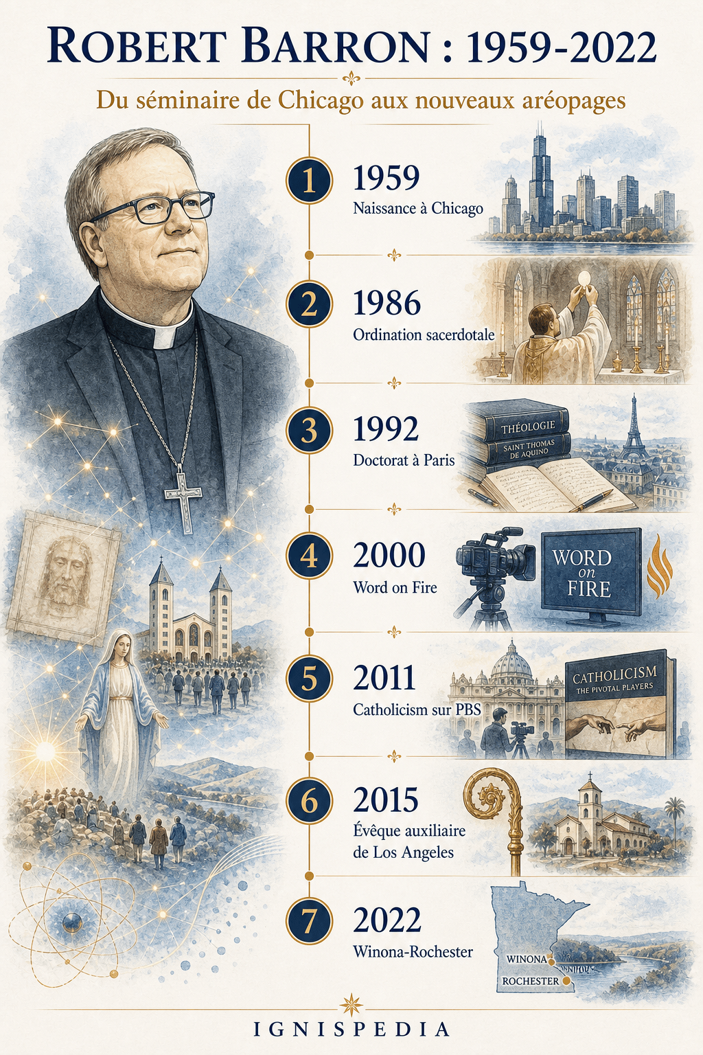 Frise chronologique de Robert Barron de 1959 à 2022 : naissance, ordination, doctorat à Paris, Word on Fire, Catholicism, Los Angeles et Winona-Rochester