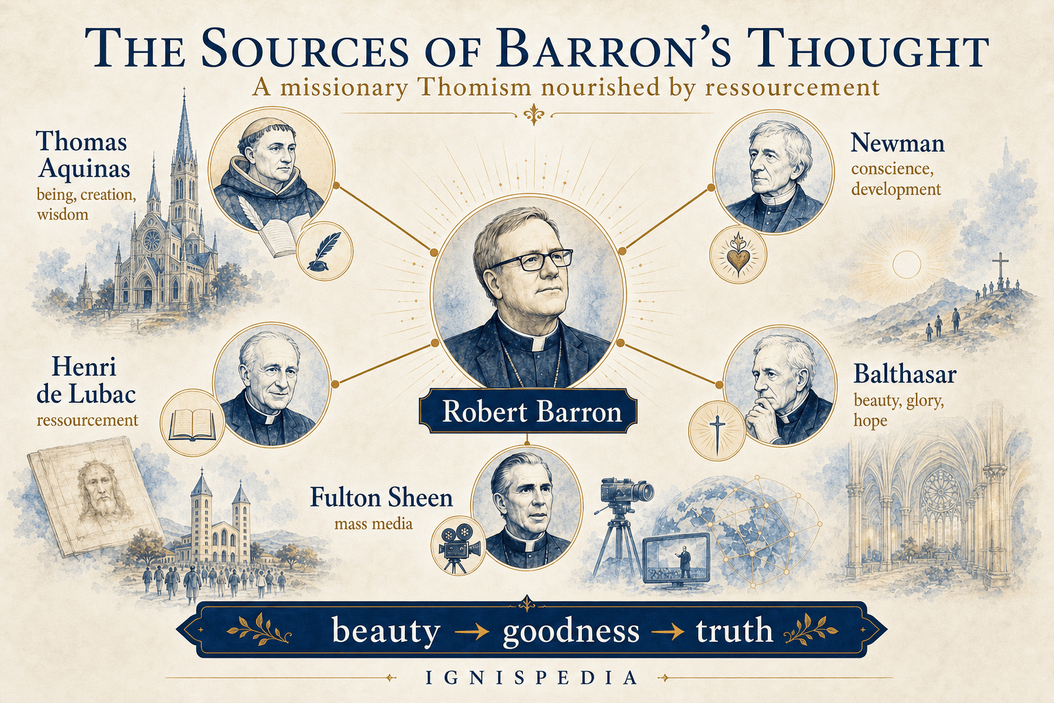 Infographic on the sources of Robert Barron's thought: Thomas Aquinas, Newman, Henri de Lubac, Hans Urs von Balthasar, and Fulton Sheen
