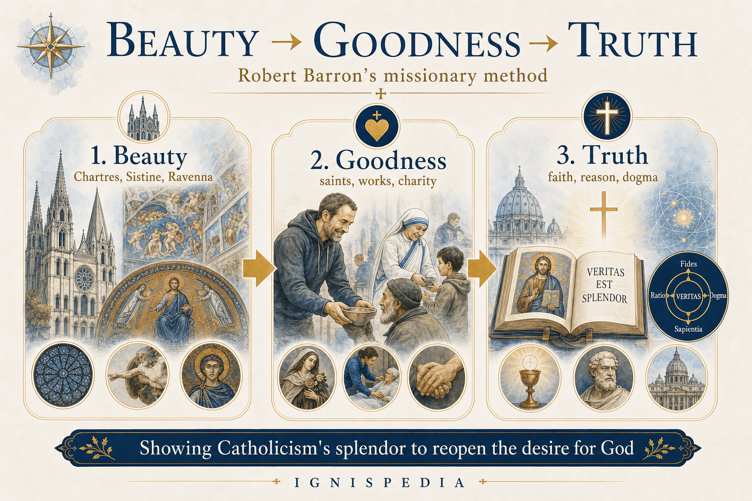 Infographic presenting Robert Barron's missionary method: beauty, goodness, truth