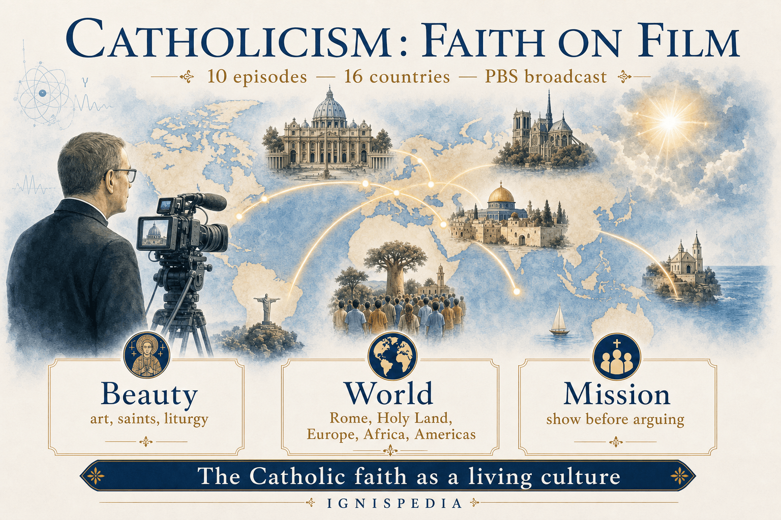Infographic on Robert Barron's Catholicism series: ten episodes, sixteen countries, PBS broadcast, beauty, world, and mission