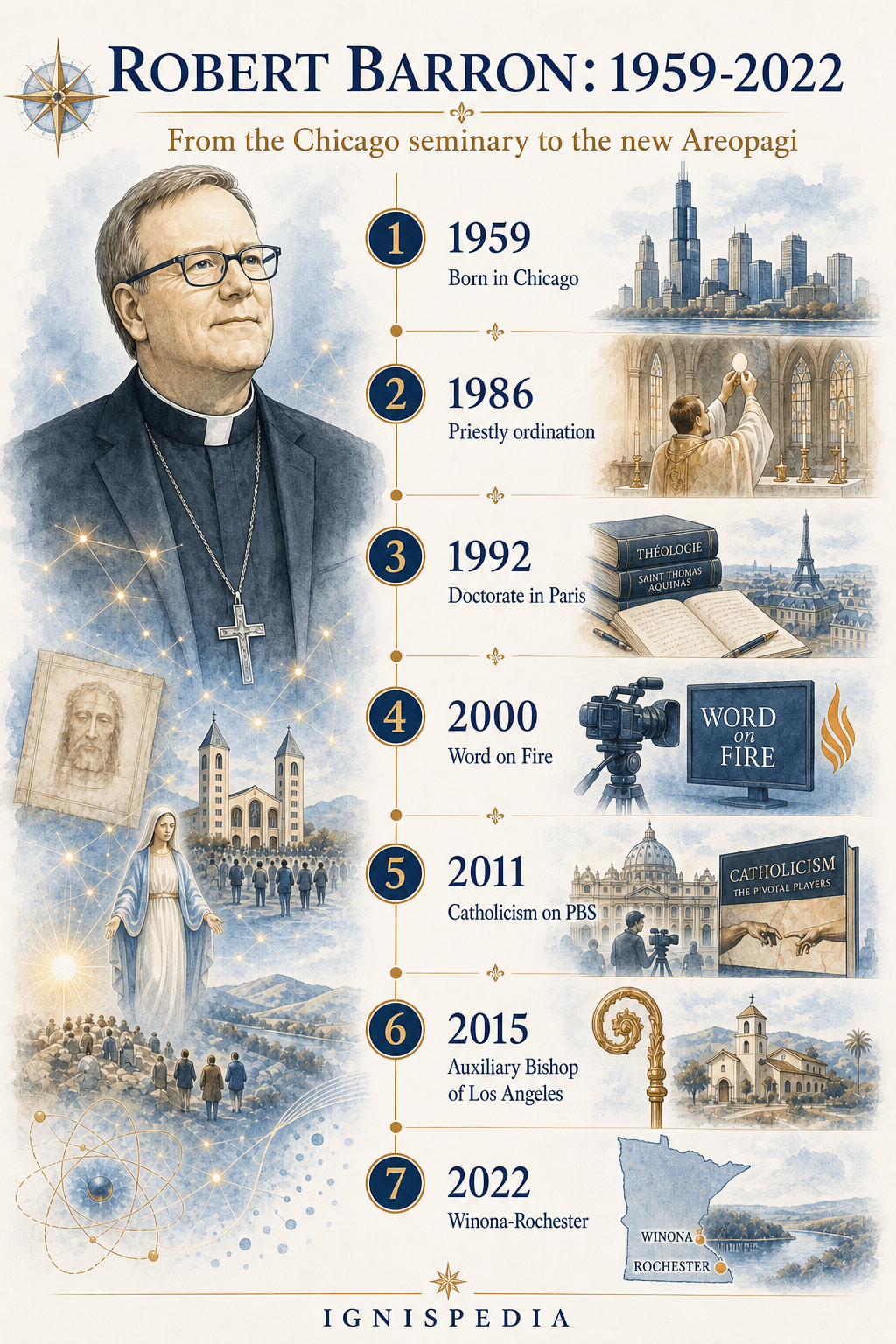 Timeline of Robert Barron from 1959 to 2022: birth, ordination, doctorate in Paris, Word on Fire, Catholicism, Los Angeles, and Winona-Rochester