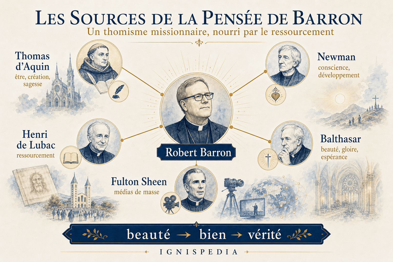 Infographie sur les sources de la pensée de Robert Barron : Thomas d'Aquin, Newman, Henri de Lubac, Hans Urs von Balthasar et Fulton Sheen