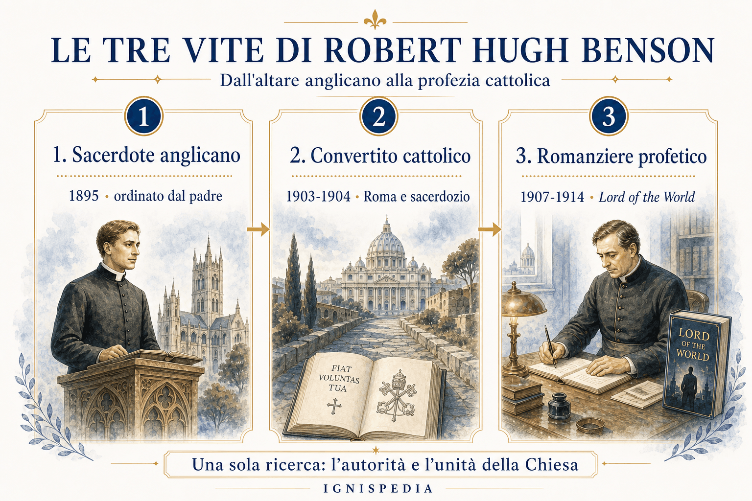 Infografica: le tre vite di Robert Hugh Benson, sacerdote anglicano, convertito cattolico e romanziere profetico