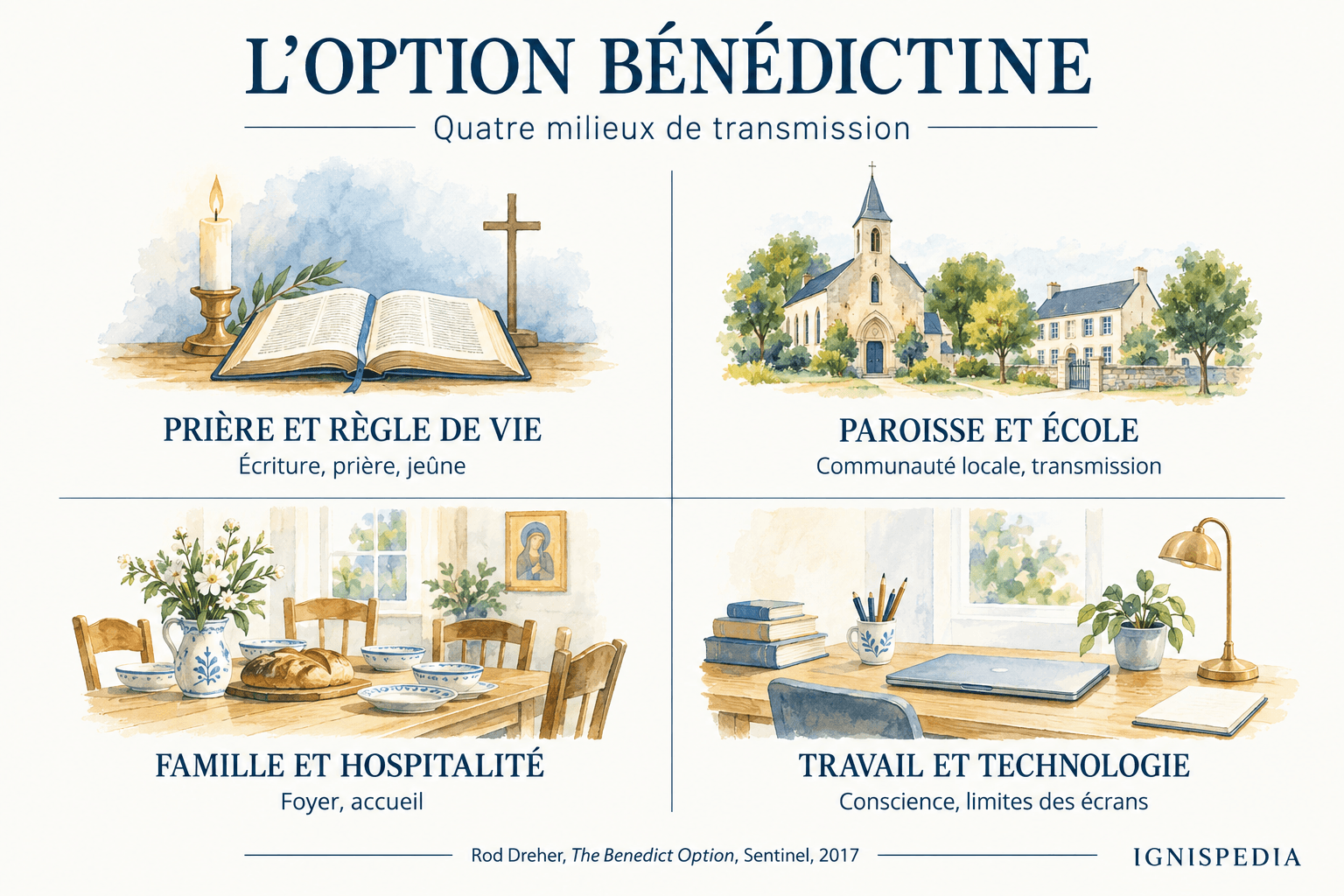 Quatre milieux de transmission proposés dans L’Option bénédictine : prière, paroisse et école, famille, travail et technologie