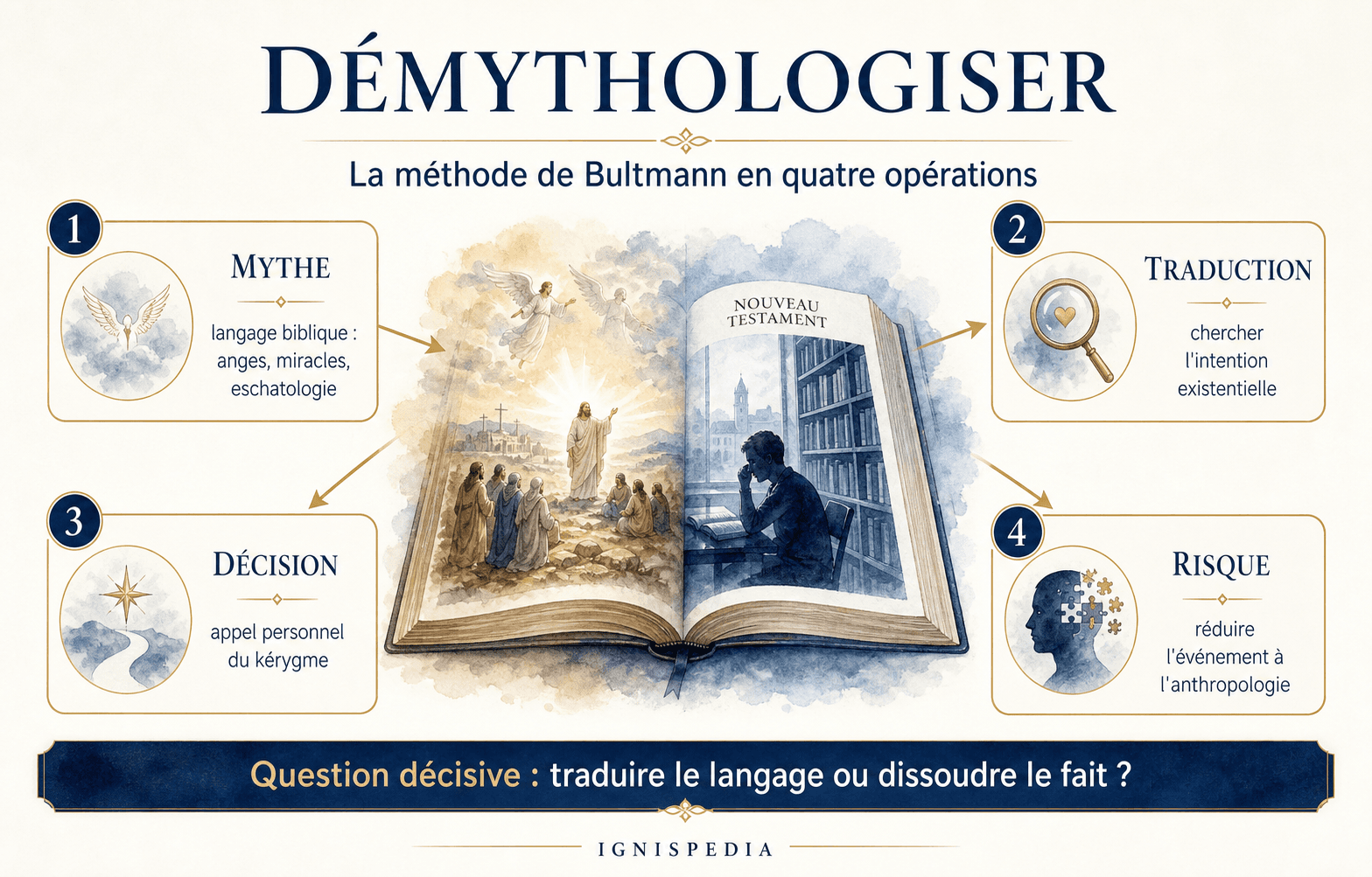 Infografica di Ignispedia sul metodo di demitizzazione di Rudolf Bultmann