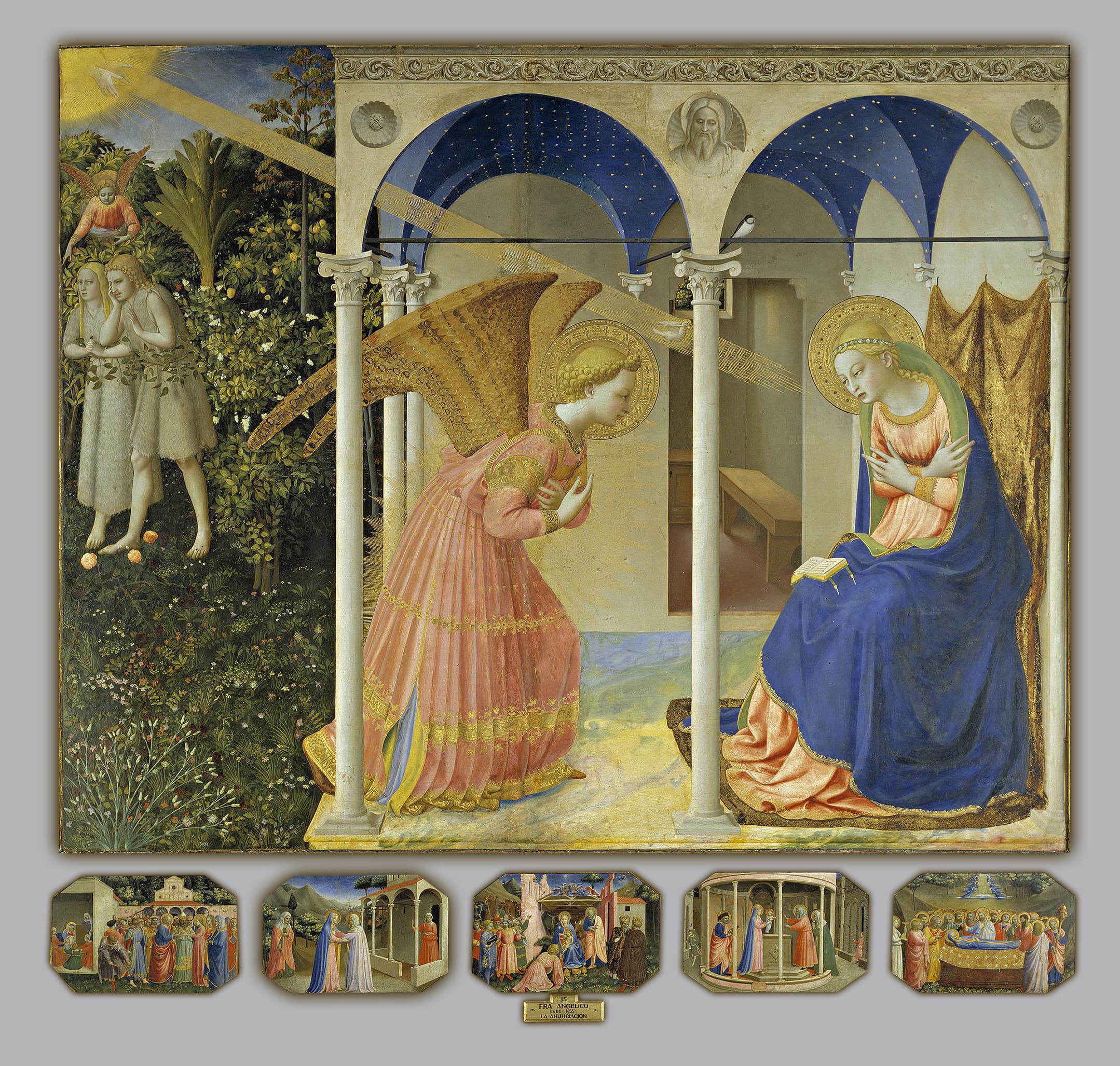 The angel Gabriel announcing to the Virgin Mary, Adam and Eve expelled from Paradise on the left