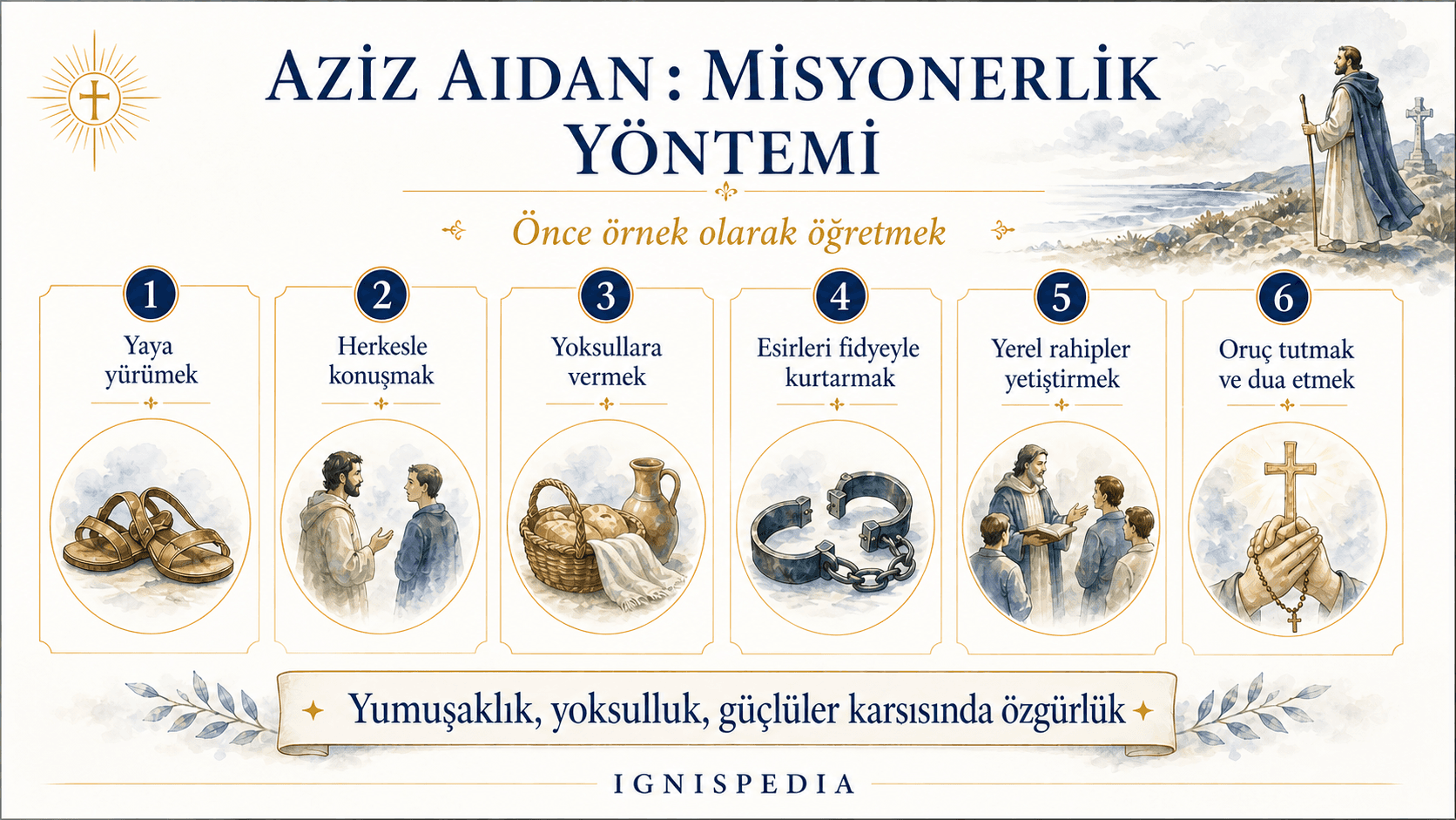 Aziz Aidan'ın misyonerlik yöntemini özetleyen Türkçe infografik: yürümek, konuşmak, vermek, esirleri kurtarmak, yetiştirmek ve dua etmek.