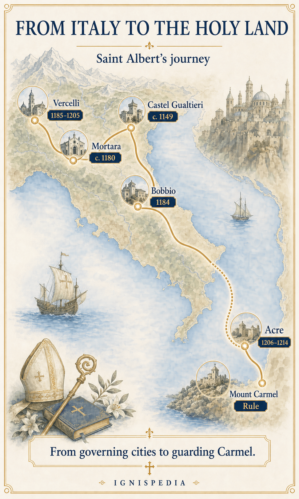 Map of the route of Saint Albert of Jerusalem from northern Italy to Acre and Mount Carmel
