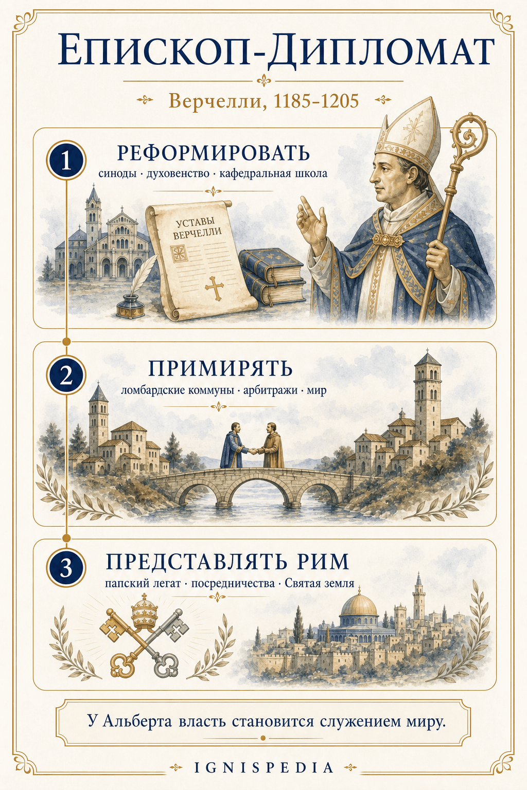 Инфографика о святом Альберте как епископе-реформаторе, миротворце и папском легате