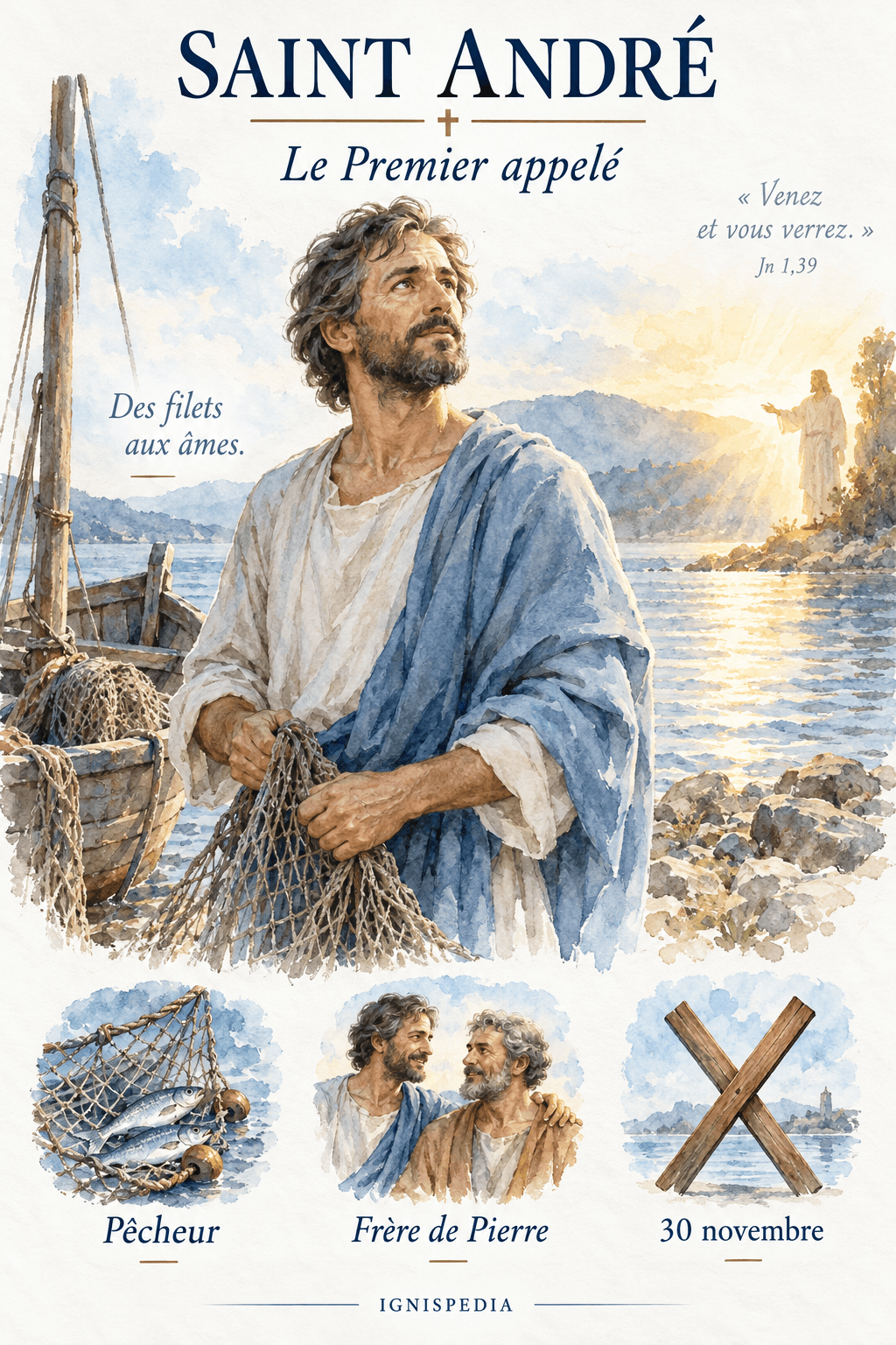 Saint André, pêcheur du lac de Galilée et Premier appelé, avec les symboles de sa vocation
