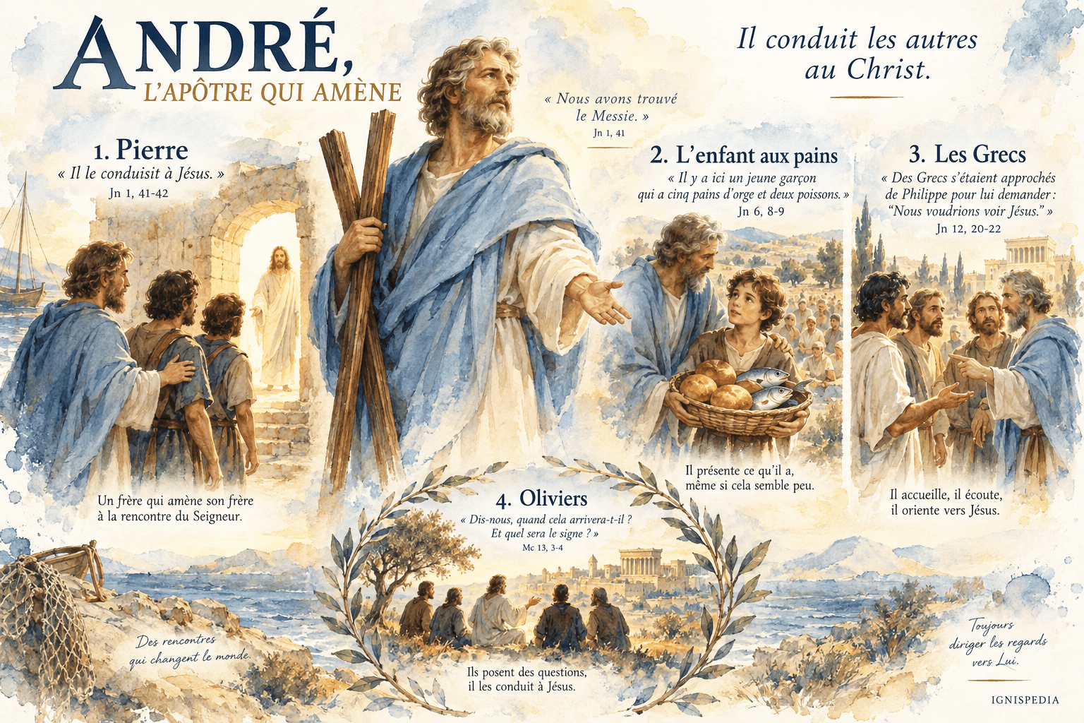 André conduit Pierre à Jésus, présente l'enfant aux pains et introduit les Grecs avec Philippe