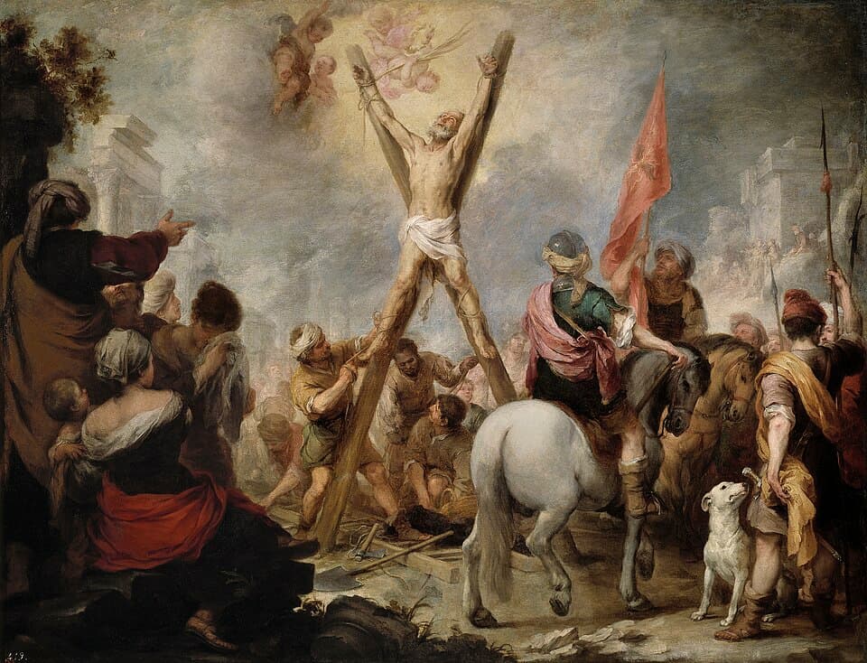 Heiliger Andreas der Apostel, gekreuzigt auf einem X-förmigen Kreuz, Gemälde von Bartolomé Esteban Murillo im Prado-Museum
