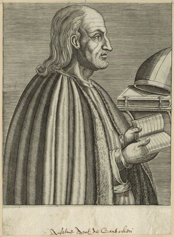Grabado antiguo que representa a san Anselmo de Canterbury con un libro y la mitra episcopal