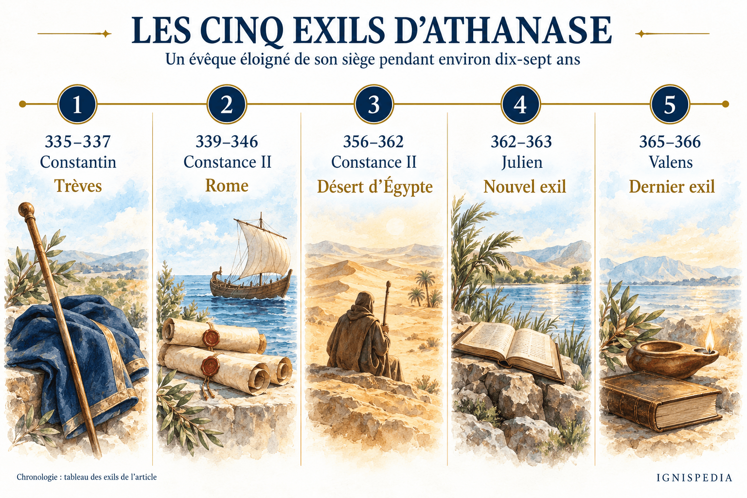 Les cinq exils d’Athanase : dates, empereurs et principaux refuges