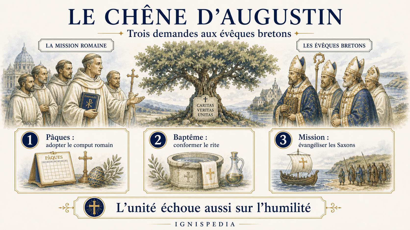 Ignispedia-Infografik zu den drei Forderungen an die britischen Bischöfe an der Eiche des Augustinus