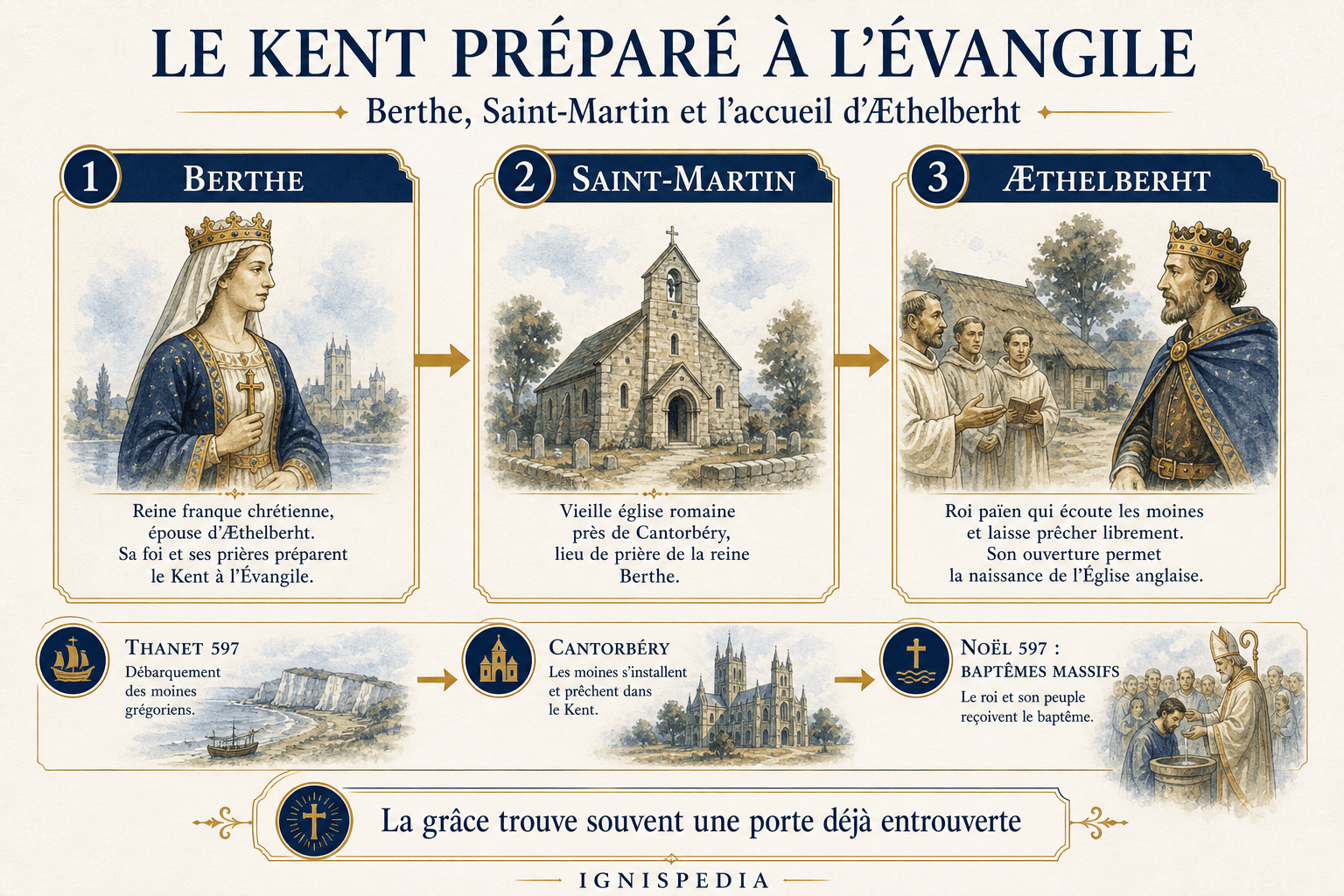 Ignispedia-Infografik zur Rolle Berthas, der Martinskirche und Æthelberhts bei der Bekehrung von Kent