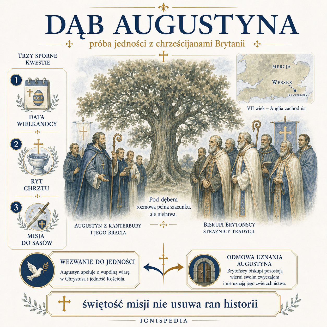 Infografika Ignispedia o trzech żądaniach skierowanych do biskupów bretońskich pod dębem Augustyna