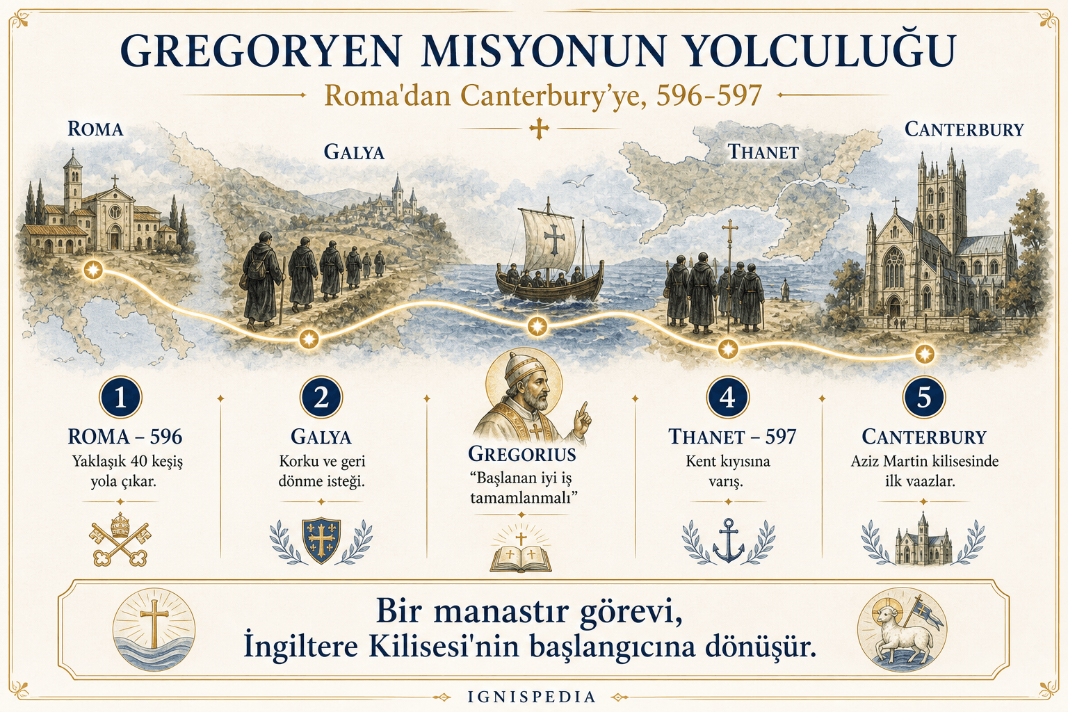 Roma'dan Canterbury'ye 596-597 arasındaki Gregoryen misyon yolculuğunun Ignispedia infografiği