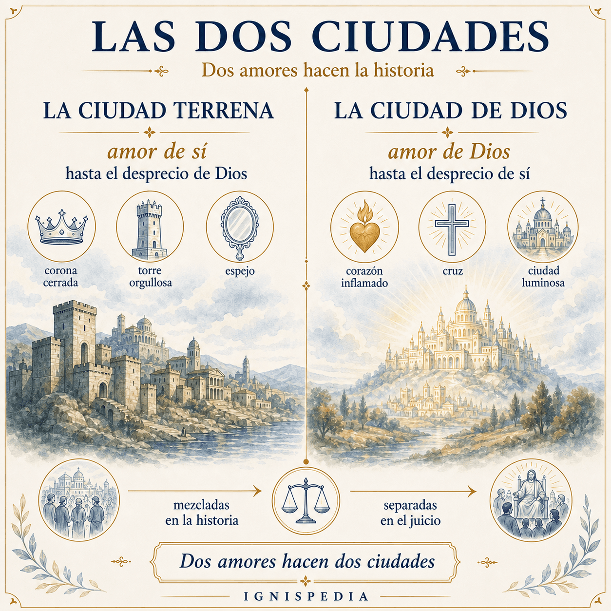 Esquema de las dos ciudades en san Agustín: ciudad terrenal y ciudad de Dios.