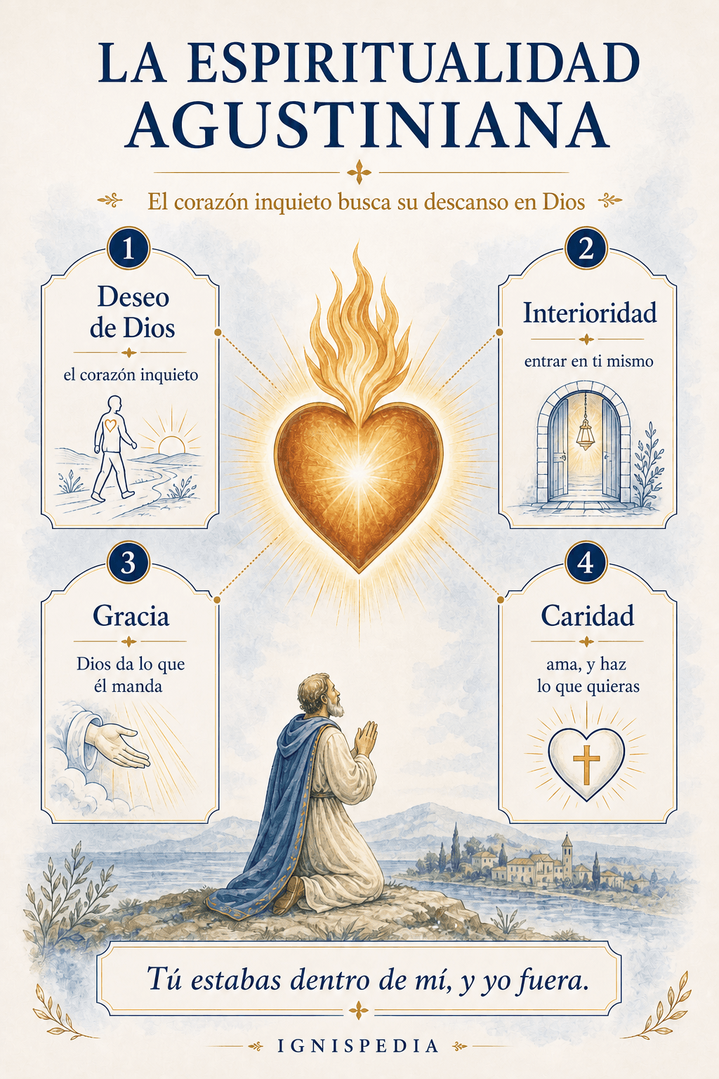 Infografía sobre la espiritualidad agustiniana: deseo de Dios, interioridad, gracia y caridad.