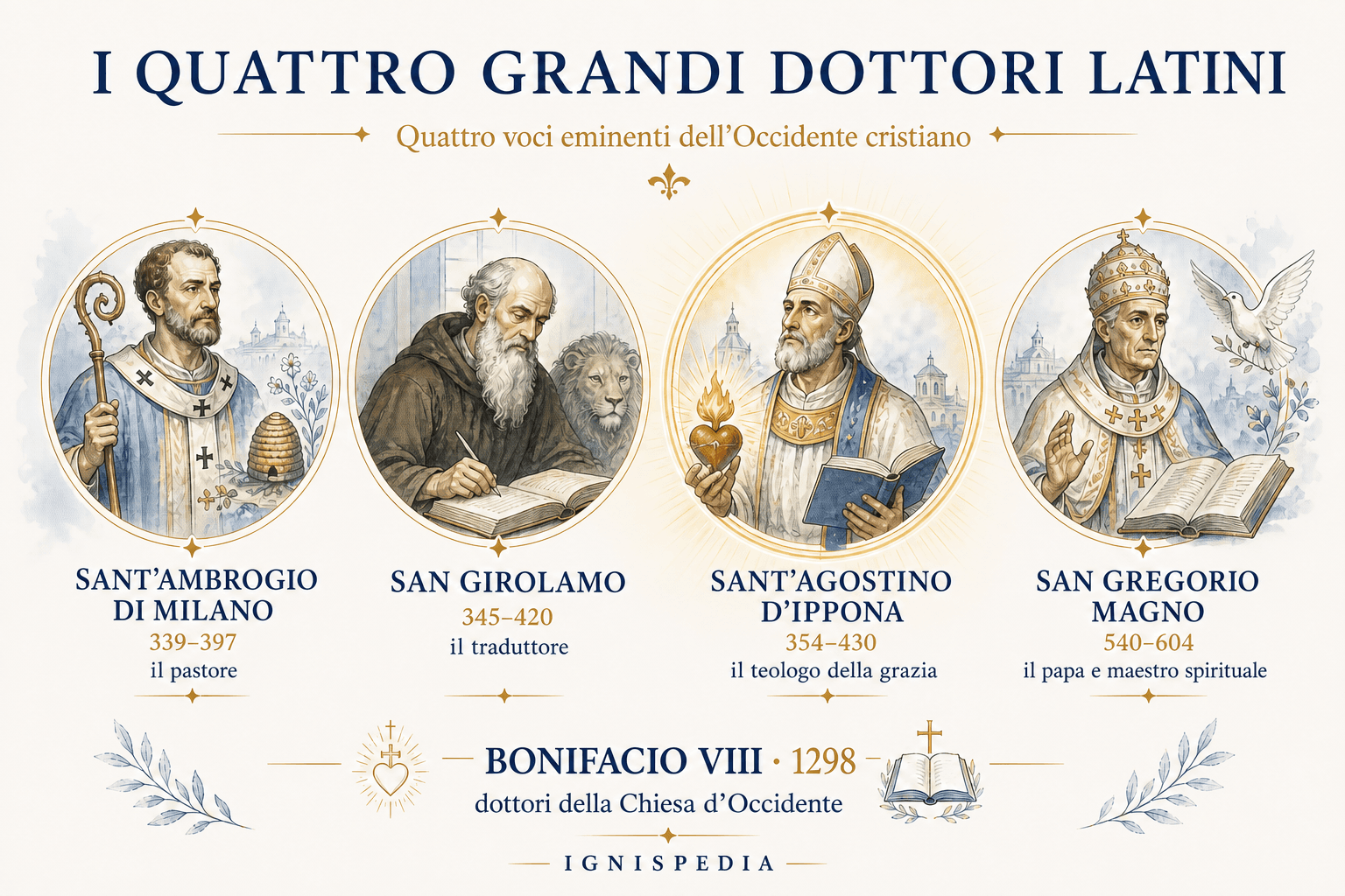 Infografica che presenta i quattro grandi dottori latini: Ambrogio, Girolamo, Agostino e Gregorio Magno.