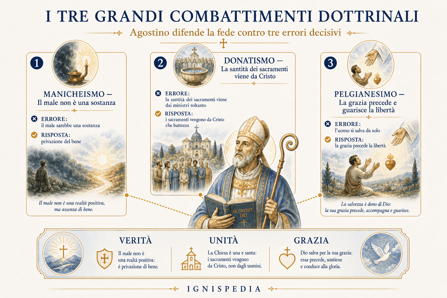 Infografica che confronta i tre grandi combattimenti di sant’Agostino: manichei, donatisti e pelagiani.