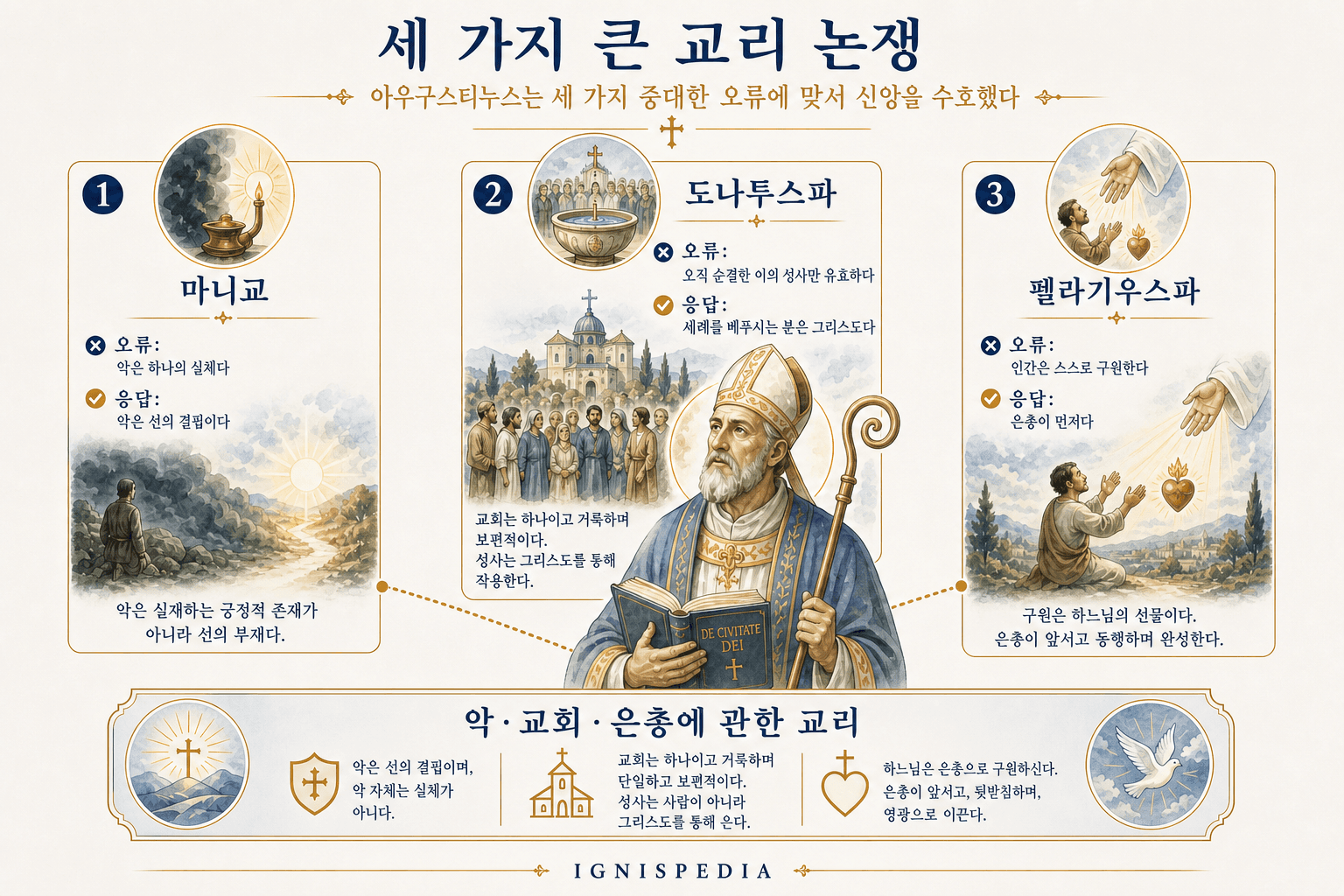 히포의 성 아우구스티누스의 세 가지 대전투: 마니교, 도나투스파, 펠라기우스파 비교 인포그래픽.