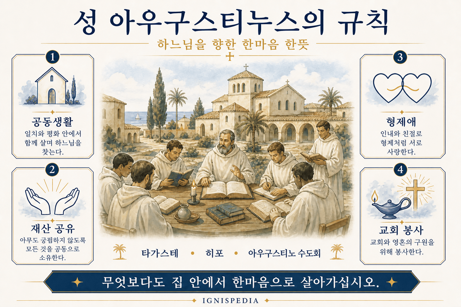 히포의 성 아우구스티누스 규칙 인포그래픽: 공동생활, 재산 공유, 형제애, 교회 봉사.