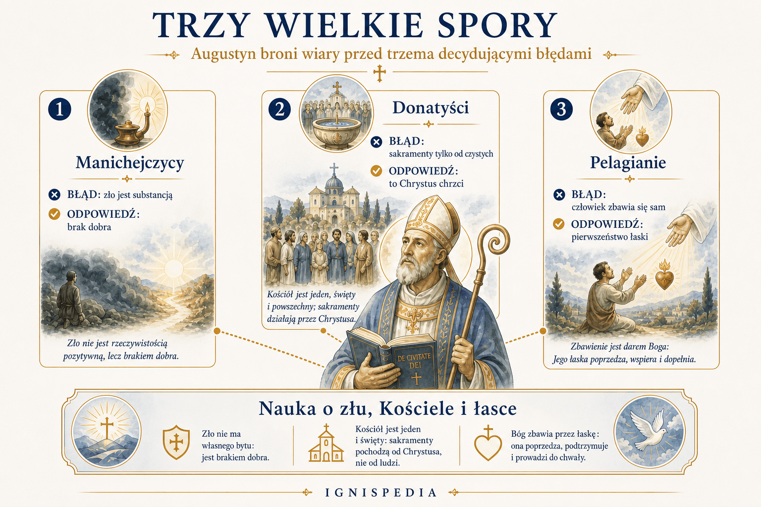 Infografika porównująca trzy wielkie boje św. Augustyna: manichejczycy, donatyści i pelagianie.