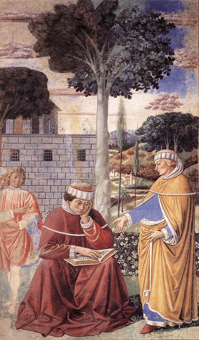 Benozzo Gozzoli, scène du Tolle lege : saint Augustin lit les épîtres de saint Paul dans le jardin.