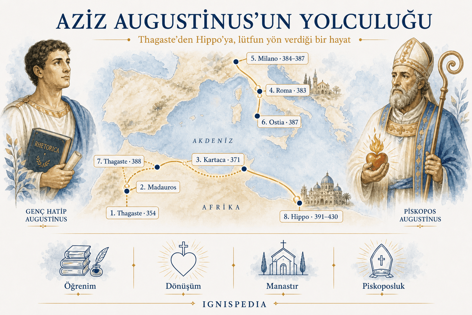 Aziz Augustinus'un Tagaste'den Hippo'ya, Kartaca, Roma, Milano ve Ostia üzerinden geçen rotasının illüstrasyonlu haritası.
