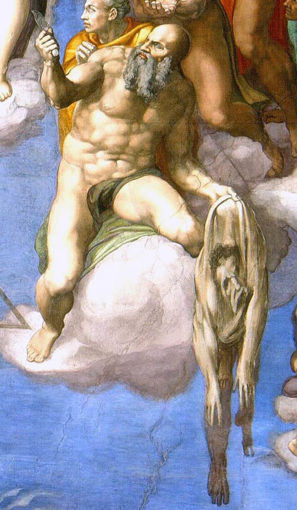 Heiliger Bartholomäus mit Messer und Haut im Jüngsten Gericht