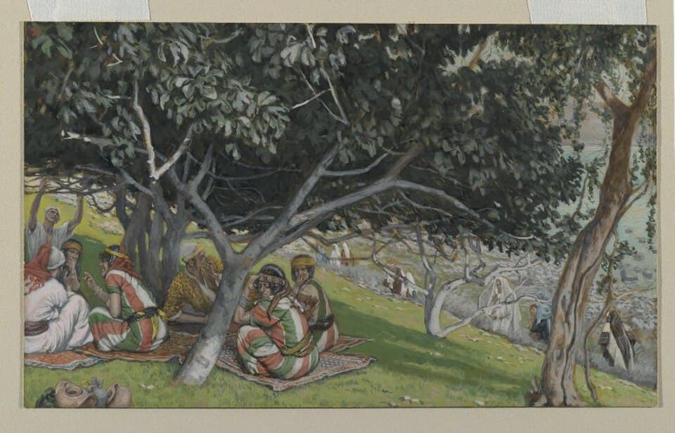 Nathanael und mehrere Männer unter einem Feigenbaum, Aquarell von James Tissot