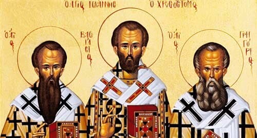Icône des Trois Saints Hiérarques : Basile, Jean Chrysostome et Grégoire de Nazianze