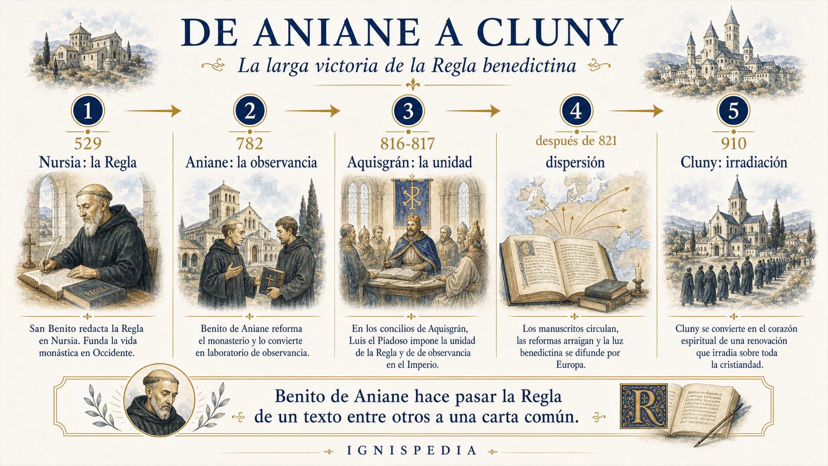 Infografía de la línea monástica de Aniane a Cluny