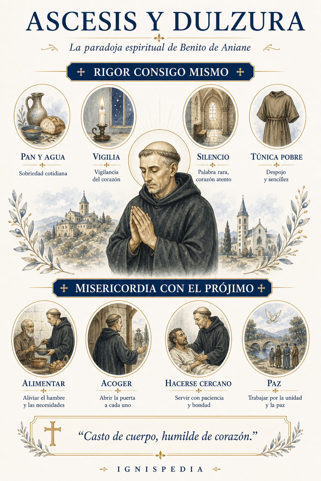 Infografía sobre la ascesis y la dulzura de san Benito de Aniane